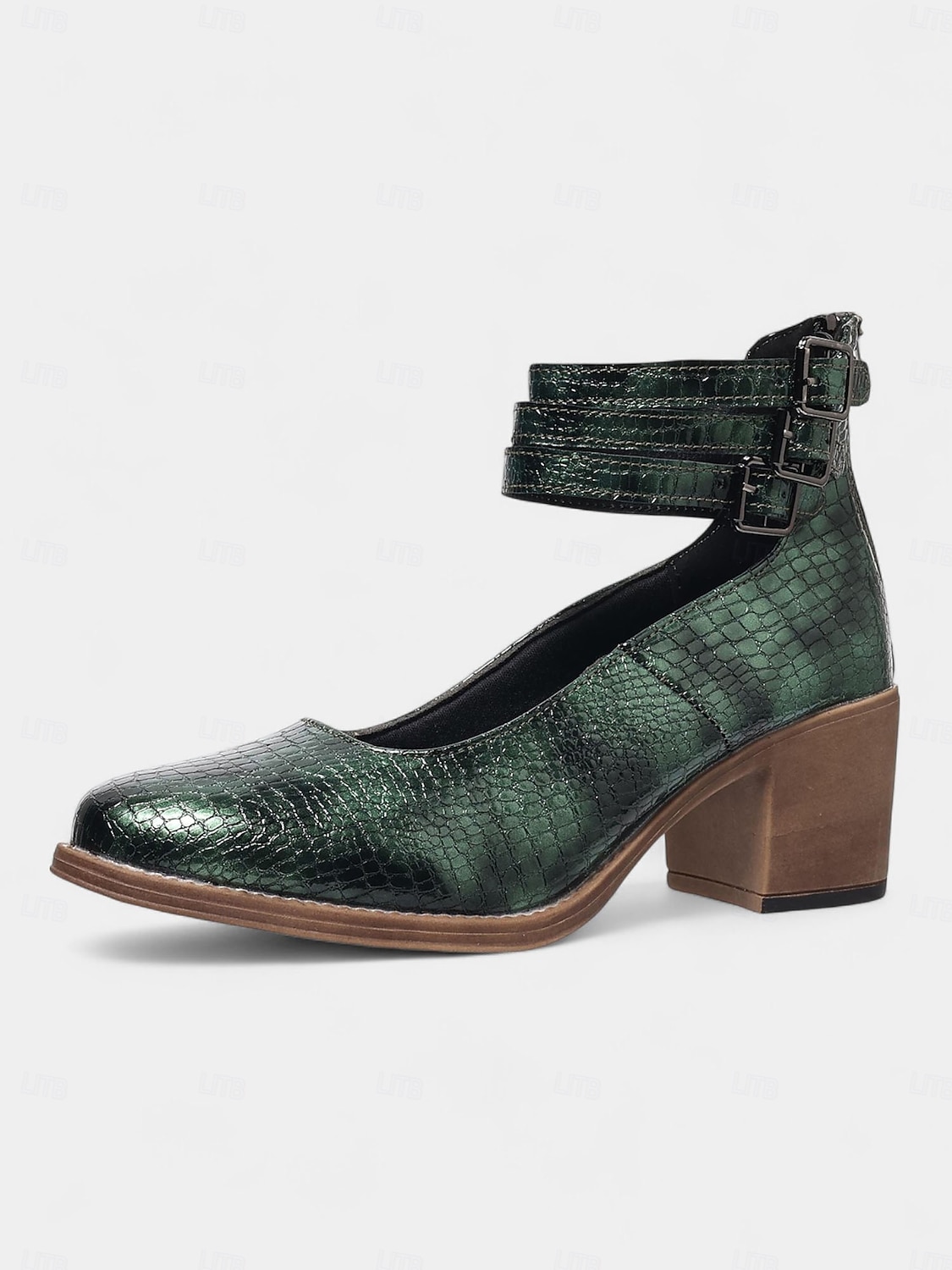 Sapatos femininos verdes de couro sintético com estampa de crocodilo e tira no tornozelo, salto grosso - sapatos Mary Jane retrô confortáveis para caminhar, para o escritório, roupas do dia a dia e de 2025 por $34.99 –P3
