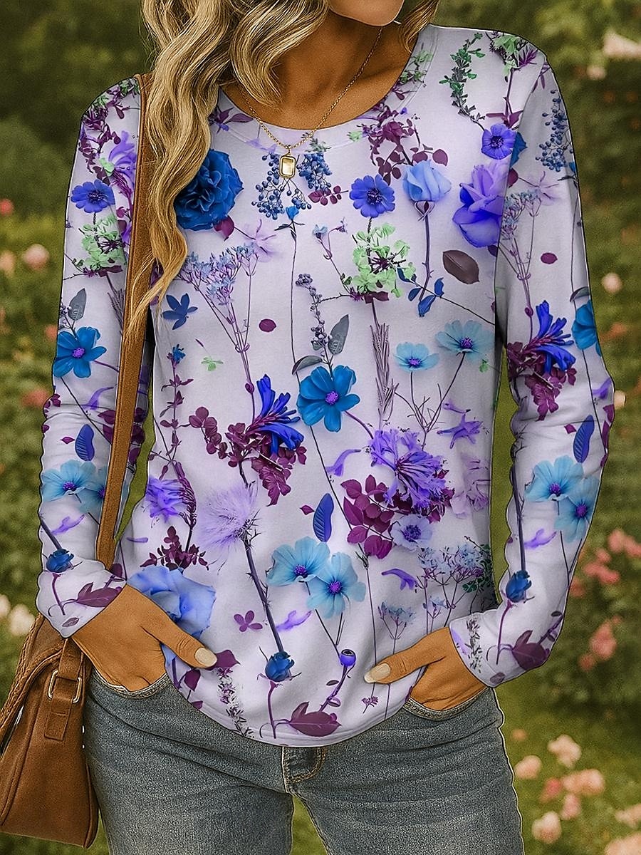 Pentru femei Tricou Floral Grafic Plante Epocă Stilat Clasic Manșon Lung Stil Nautic Rotund Topuri obișnuite Zilnic Imprimeu Galben Roșu-aprins Albastru piscină Mov Trifoi Vară Primăvară Toamnă 2025 - $22.99 –P4