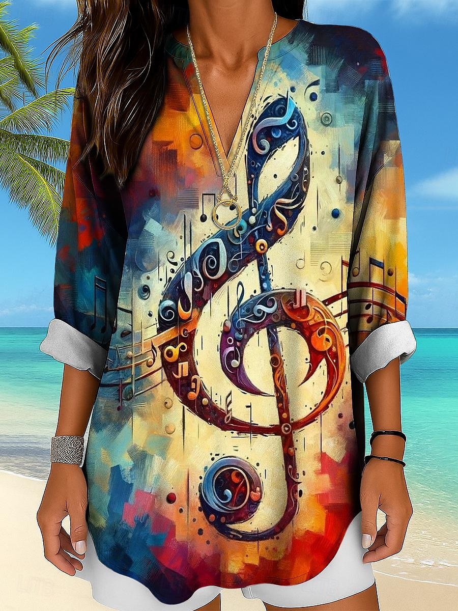 Musikfestival Damenbluse Langarm Tunika Ombre Grafik Geometrisch Elegant Vintage Tropisch Langarm V-Ausschnitt Reguläre Tops Tägliche Urlaub Druck Gelb Blau Fuchsia Sommer Frühling 2025 - $24.99 –P1