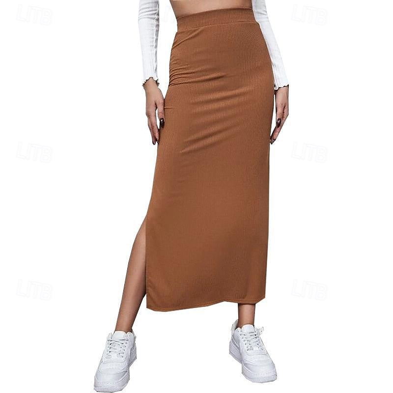 Dames Rok Casual Maxi Medium taille Rokken Effen Gespleten punten Micro-elastisch Vakantie Straat Zwart Rood Licht Bruin Bruin Zomer Polyester 2025 - $17.99 –P17