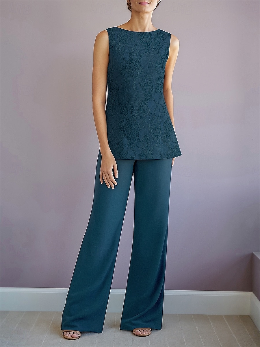 Tailleur-pantalon trois pièces robe mère de la mariée élégante col rond longueur sol polyester manches longues avec perles de 2025 ? $99.99 –P7