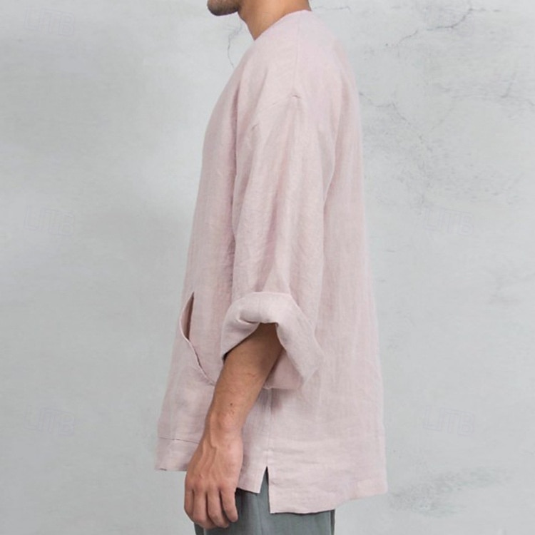 Bărbați Tee Top Tricou din in Manșon Lung Mânecă scurtă În V Vară Primăvară Simplu Modă Designer De Bază Moale Casual Vacanță Stradă Roz Top tricou pentru bărbați 2026 - $21.99 –P3