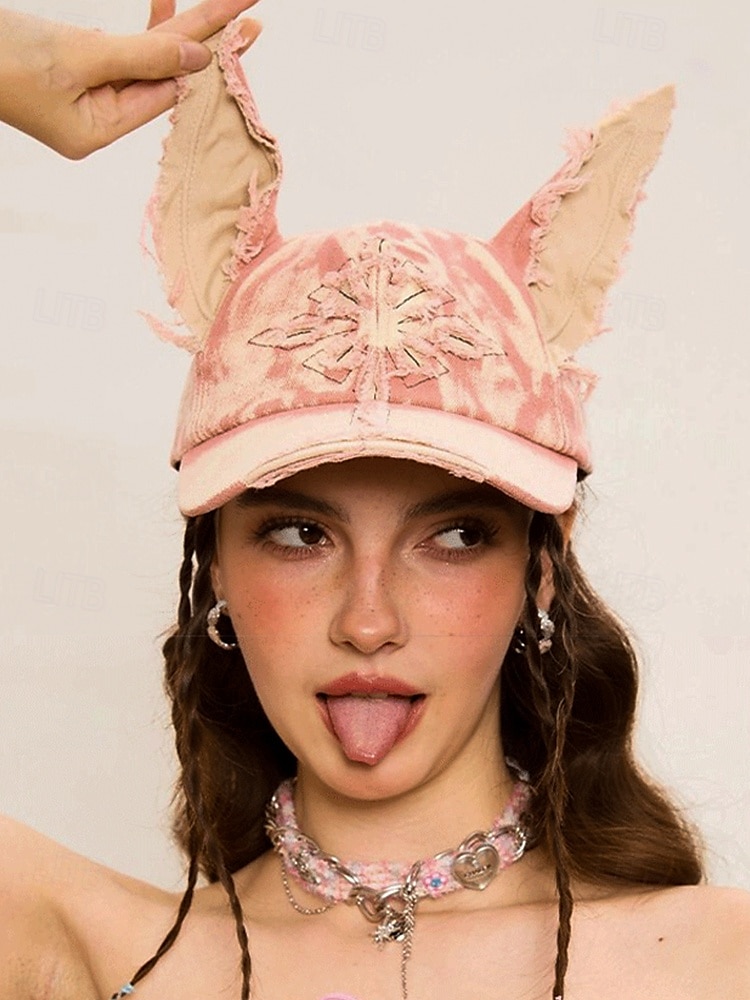 Gorra de béisbol vaquera desgastada para mujer con orejas de gato: sombrero vintage para disfraz de Halloween, estilo lindo y vanguardista para fiestas, cosplay y festivales. 2025 - $24.99 –P2