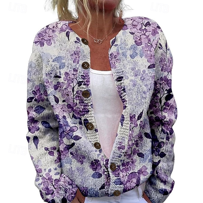Femmes Pull Cardigan Mode Streetwear Quotidien Fleuri Côtelé Ouvert devant Tricoté Imprimé manche longue Hauts Longs Tricoter Fête Sortir Week-end Blanche Violet Automne Hiver de 2025 ? CAD $38.19 –P1