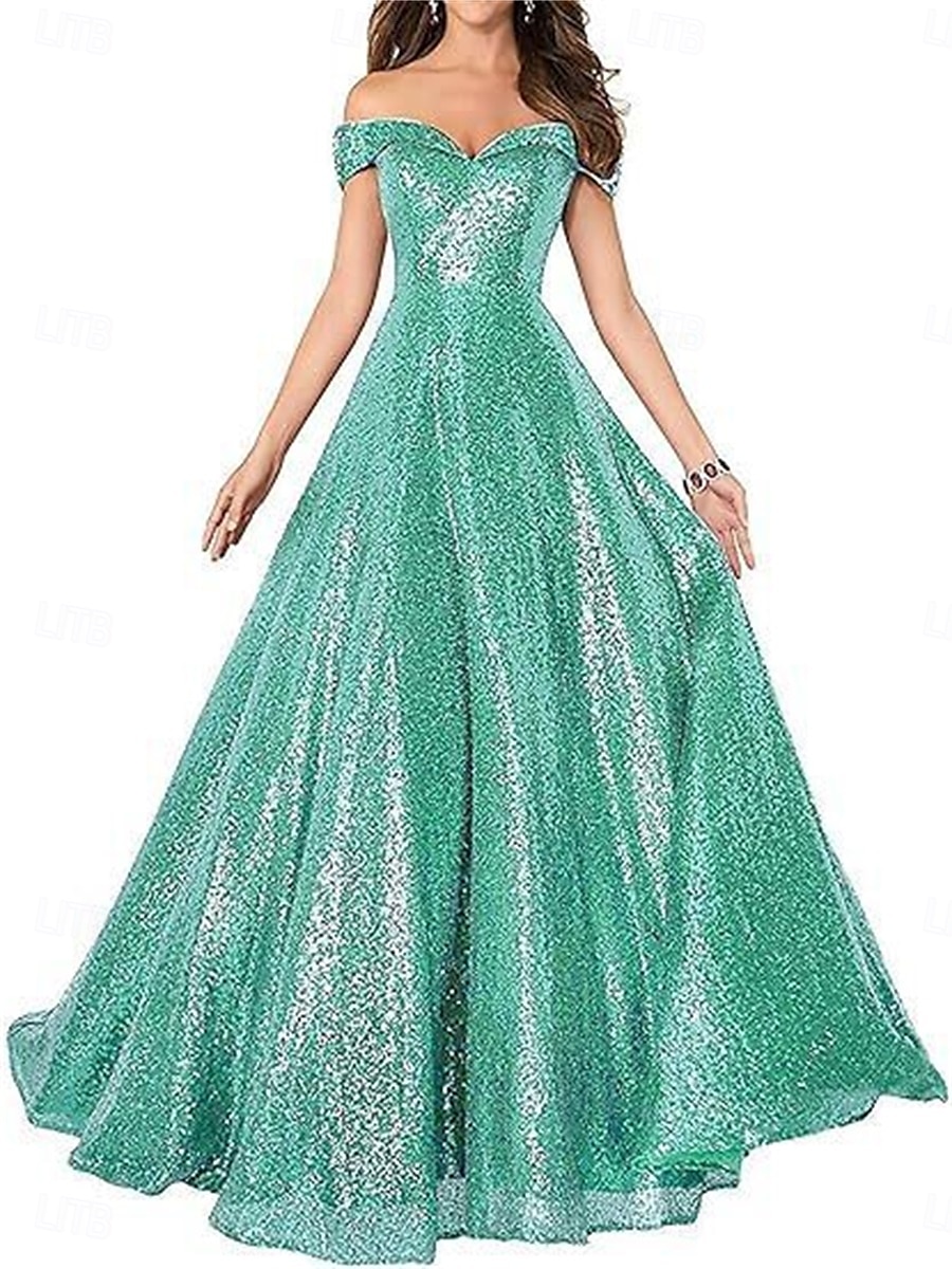 A-Line Evening Gown Elegant Dress Formal Performance Floor Length Short Sleeve Off Shoulder Sequined Backless with Pleats 2025 - $129.99 –P11