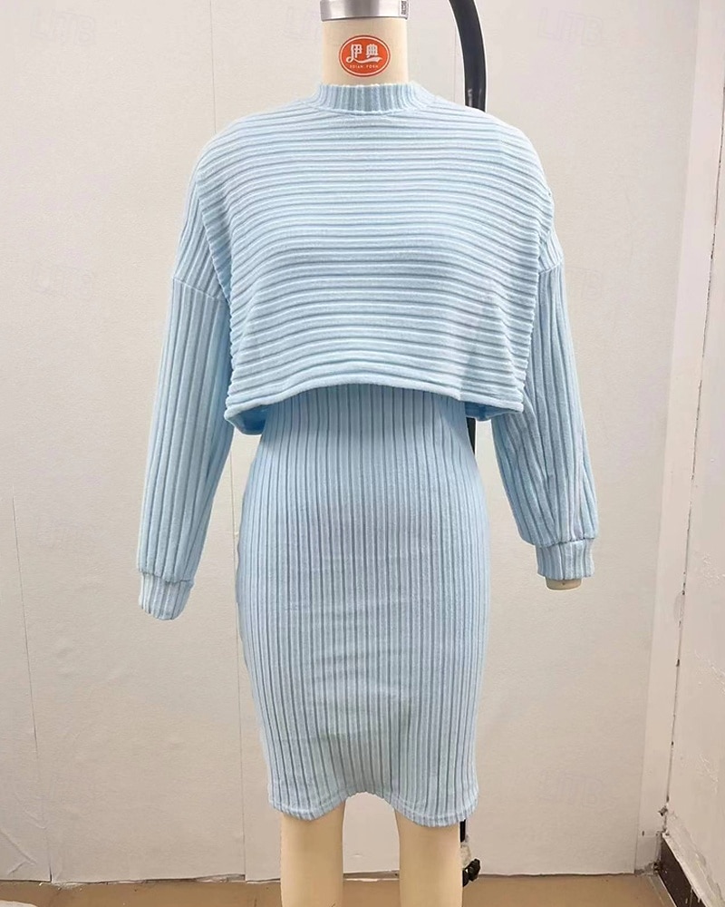Dámské Sada šatů Slip Dress Na běžné nošení Semiformální šaty Bez vzoru Design Mini šaty Dlouhý rukáv Tričkový Venkovní Rande Černá Nebeská modř Meruňková Jaro Podzim Běžný 2025 - $23.99 –P9