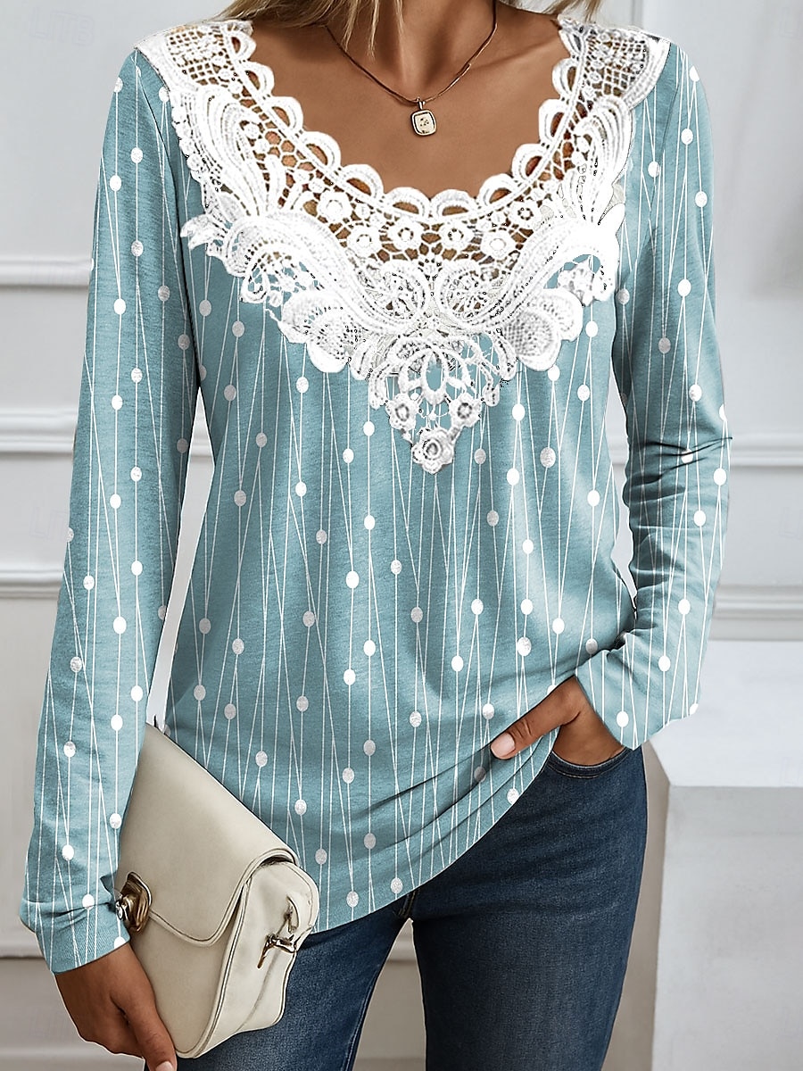 Dames Blouse Bloemig Grafisch Elegant Modieus Lange mouw Ronde hals Normale tops Dagelijks Uitgaan Weekend Kant Lapwerk Afdrukken Blozend Roze Rood blauw Oranje Zomer Lente Herfst 2025 - $24.99 –P1