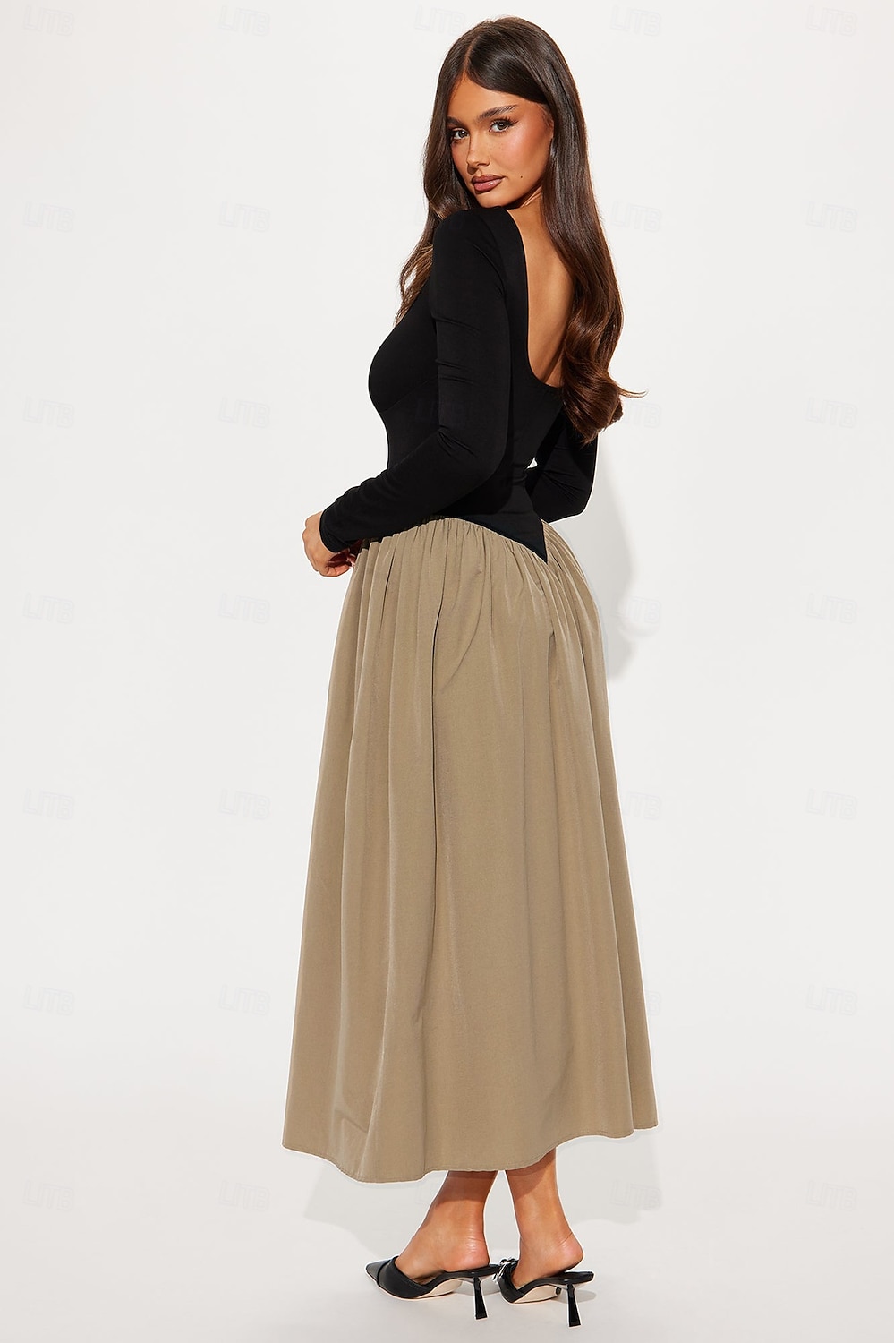 Dámské Maxi šaty Šaty bez zad Elegantní Večírek Narozeniny Dovolená Párty Denní Běžný Pevná barva Dlouhý rukáv Do U Khaki Léto Jaro Podzim 2025 - $43.99 –P4