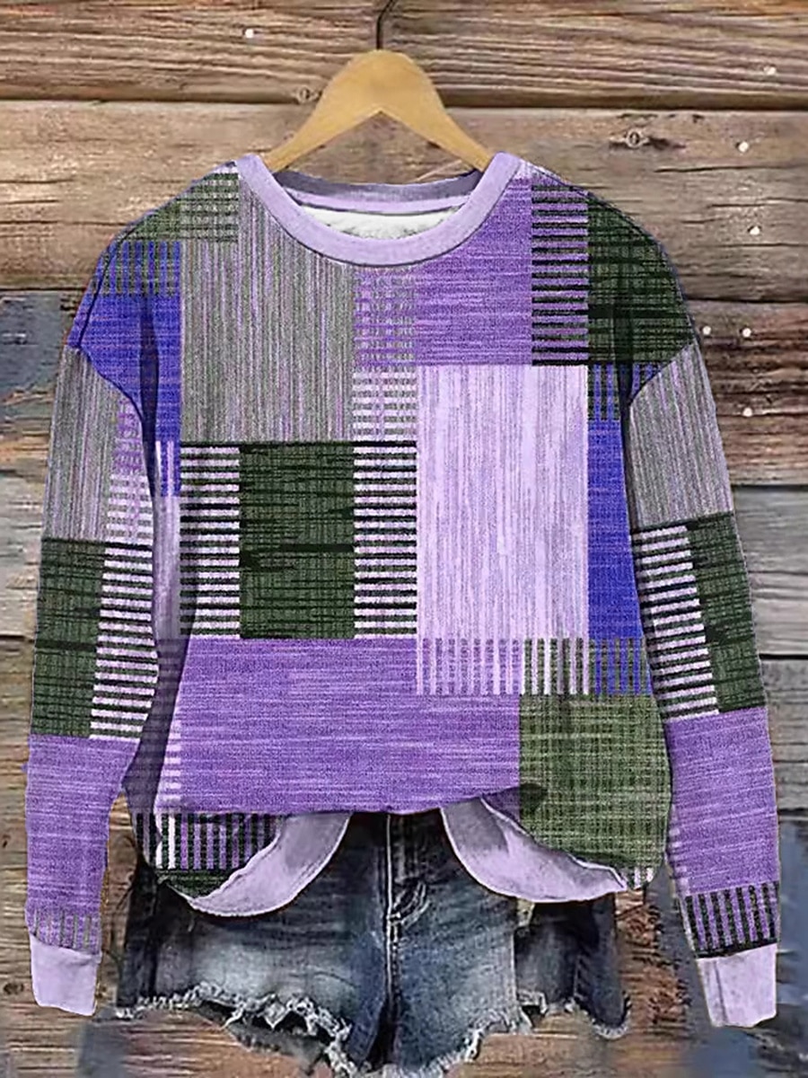 Mulheres Moletom Moletons Gráfico Geométrica Xadrez Moda Casual Manga Longa Gola Redonda Tops regulares Rua Dia a Dia Imprimir Azul Roxo Verde cáqui Primavera Outono Inverno de 2025 por $27.99 –P3