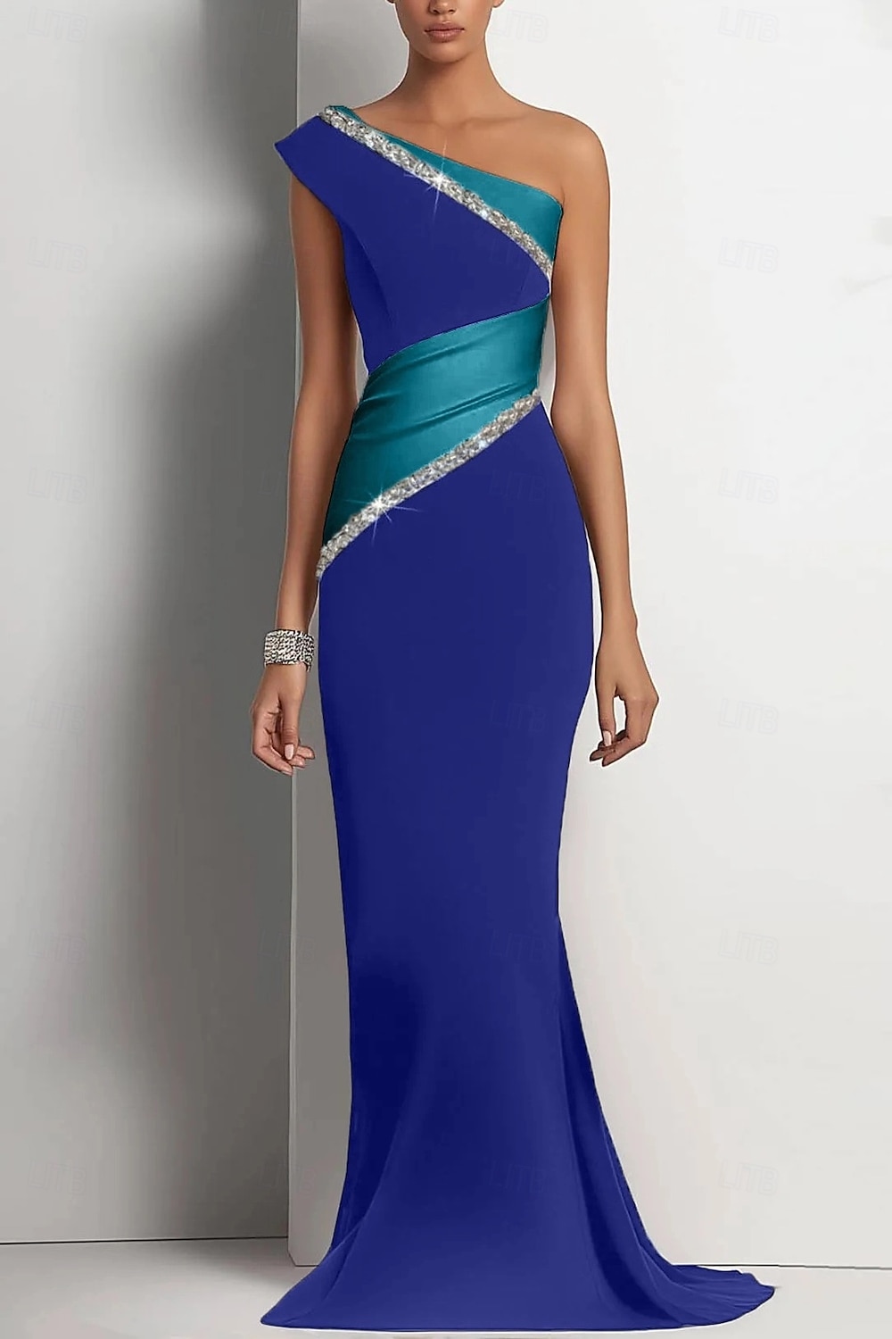 Rochie de seară elegantă, tip sirenă, alb-negru, de mireasă, formală, lungime până la podea, fără mâneci, model crepe elastic pe un umăr, cu sclipici, încrețit, 2025 2025 - $147.99 –P4
