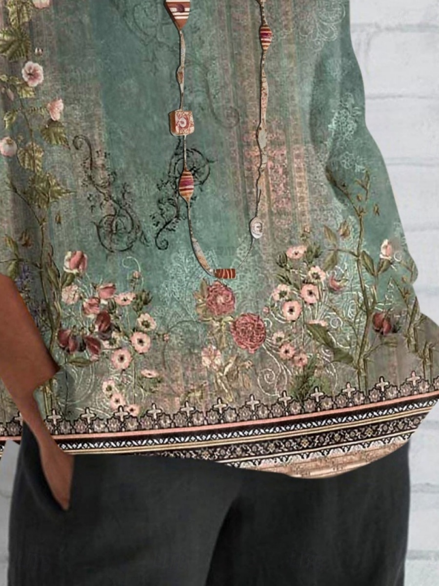 Femmes Chemise Fleuri Quotidien Occasionnel Manche 3/4 Col ras du cou Hauts Réguliers Quotidien Fête Imprimé Vert Été Printemps Automne de 2025 ? $22.99 –P3