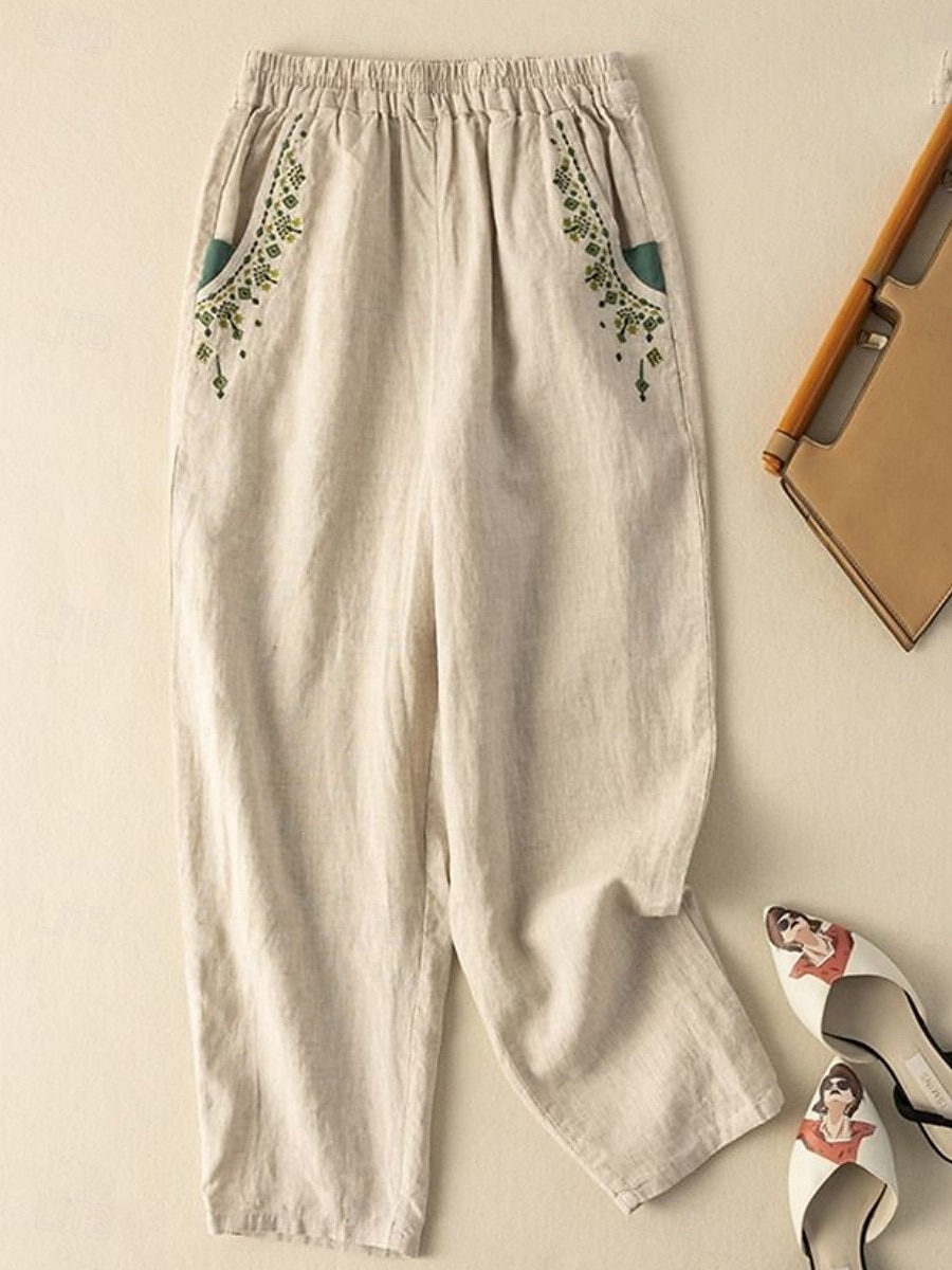 Mujer Pantalones de lino y algodón Chinos Moda Básico Longitud total Alta cintura Floral Bordado Comodidad Al Aire Libre Microelástico Vacaciones Calle Diario Blanco Amarillo Albaricoque Café Verano 2025 - $18.99 –P2