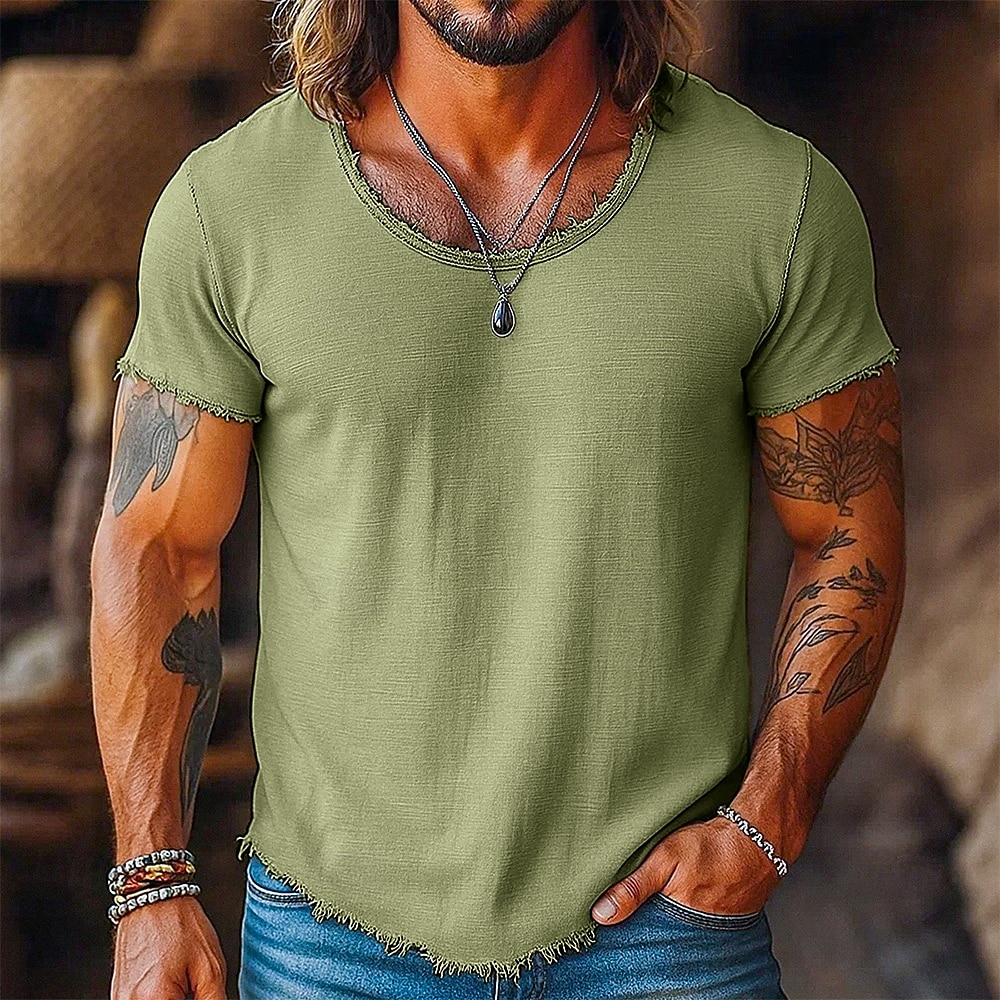 Homens T-shirt Camiseta de linho Manga Curta Gola Redonda Verão Tecido Moda Designer Básico Macia Borda Crua Férias Rua Casual Branco Preto Rosa Top Tee para Homens de 2026 por $21.99 –P1