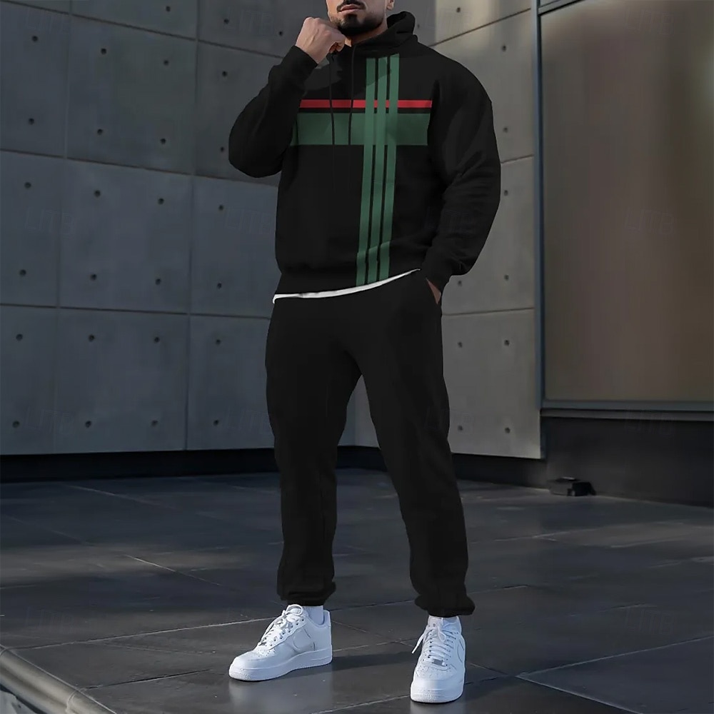 Men's Striped 2pcs 3D Sweatshirt Sets Tracksuit Hoodie Sweatshirt Long Sleeve Long pants Hooded Casual Daily Athleisure 3D Print Spring Fall Winter Black White 2025 - $39.99 –P2