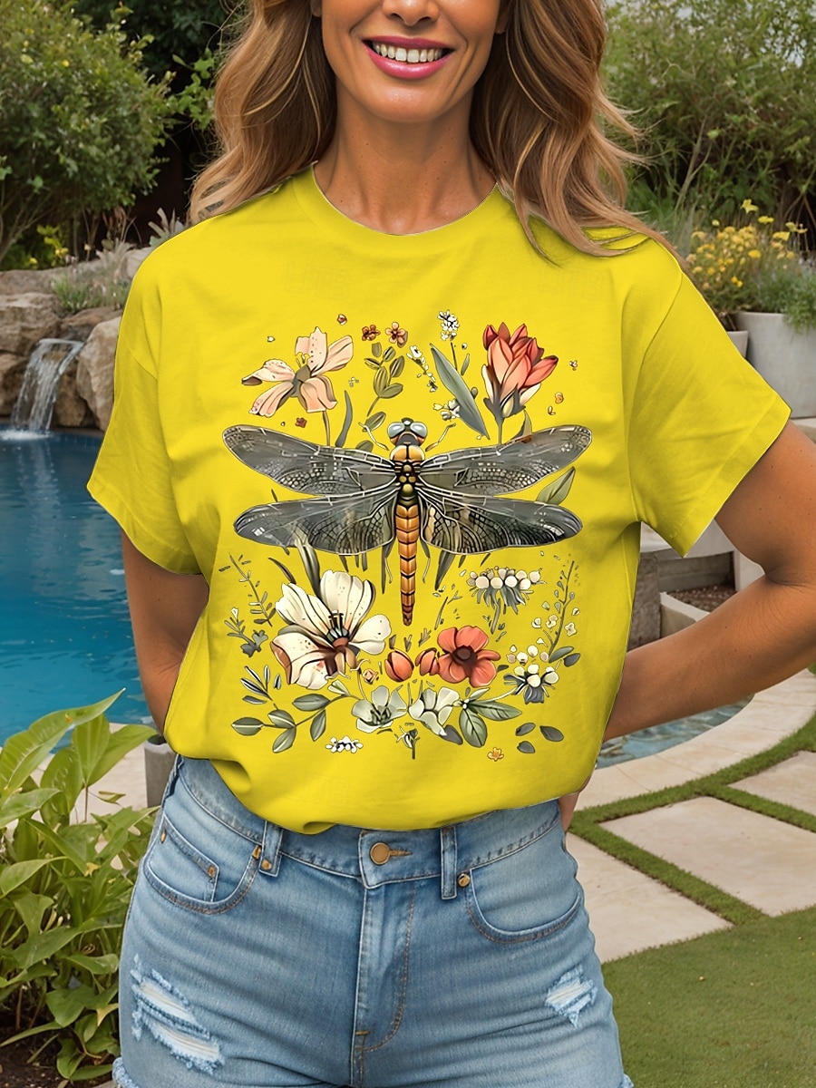 Femmes T-shirt Fleuri Graphique Libellule ancien Élégant Classique Manche Courte Col ras du cou Col rond Hauts Réguliers Quotidien Week-end Imprimé Noir Blanche Jaune Rose Claire Rouge Été Printemps de 2025 ? $19.99 –P6