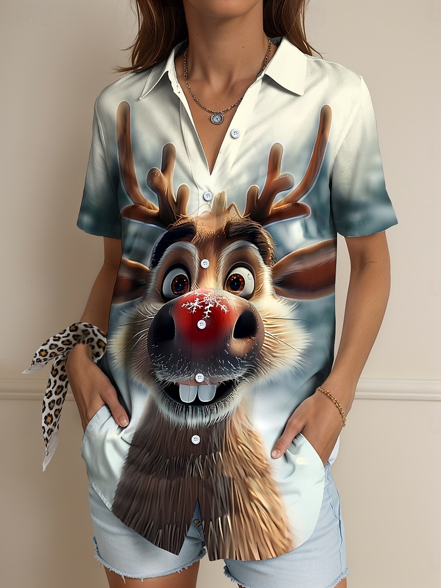 Christmas Women's Shirt Long Sleeve Button Down Blouse Graphic Animal 3D Vintage Tropical Daily Sleeveless Short Sleeve Shirt Collar Regular Tops Daily Sage Green Brown Green Summer Spring Winter 2025 - $24.99 –P1