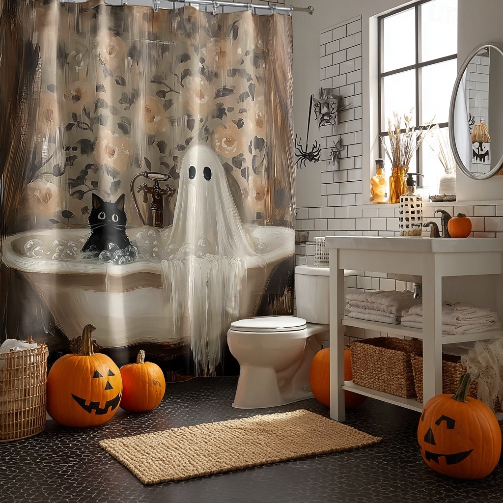 Halloweenský sprchový závěs s háčky, polyesterový, pratelný, voděodolný, vzorovaný, koupelnová vana, dekorace 2025 - $21.99 –P10