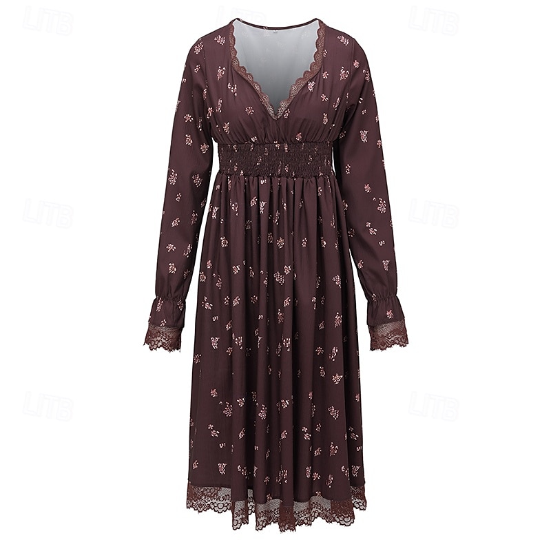 Damen Midikleid Blumenkleid Boho-Kleid Westernkleid Mode Modern Urlaub Ferien Ausgehen Normale Passform Blume Langarm V Ausschnitt Braun Sommer 2025 - $31.99 –P4