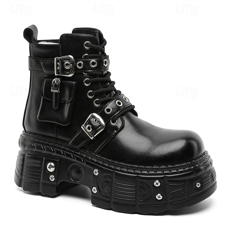 stivali da combattimento con fibbia a rivetto nera da uomo – stivaletti allacciati con plateau gotico per concerti, stile motociclista ed eventi punk del 2026 a $99.99 –P5