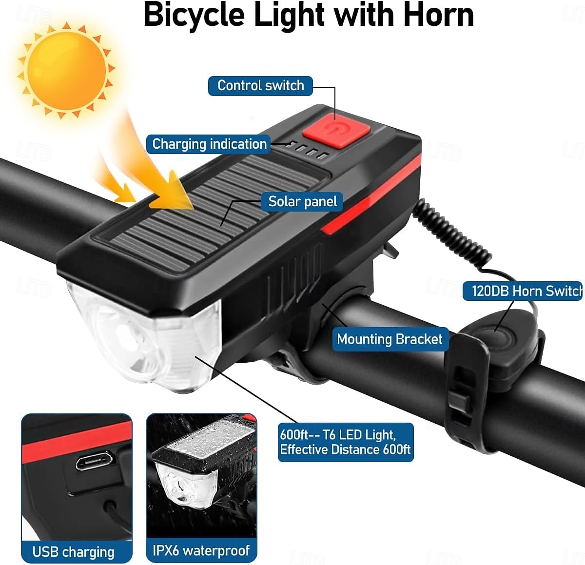 Luces solares recargables para bicicleta, luces nocturnas ultrabrillantes para bicicleta, faro delantero y luz trasera con timbre eléctrico, fáciles de instalar, impermeables, luces LED para bicicleta 2025 - $19.99 –P1