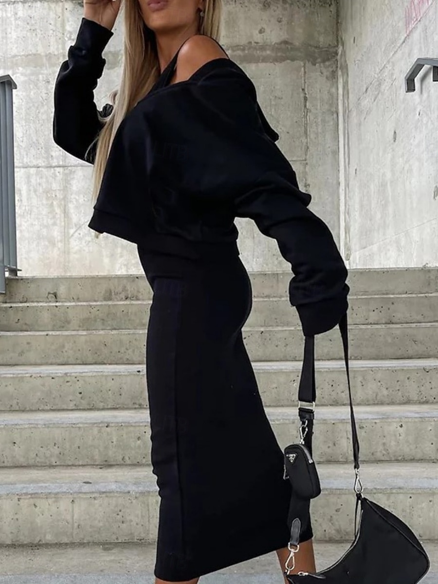 Femmes Robe Ensemble Robe fourreau Occasionnel Uni Froncé Robe Midi manche longue À capuche Extérieur Quotidien Noir Chameau Café Été Printemps Coupe régulière de 2025 ? $32.99 –P7