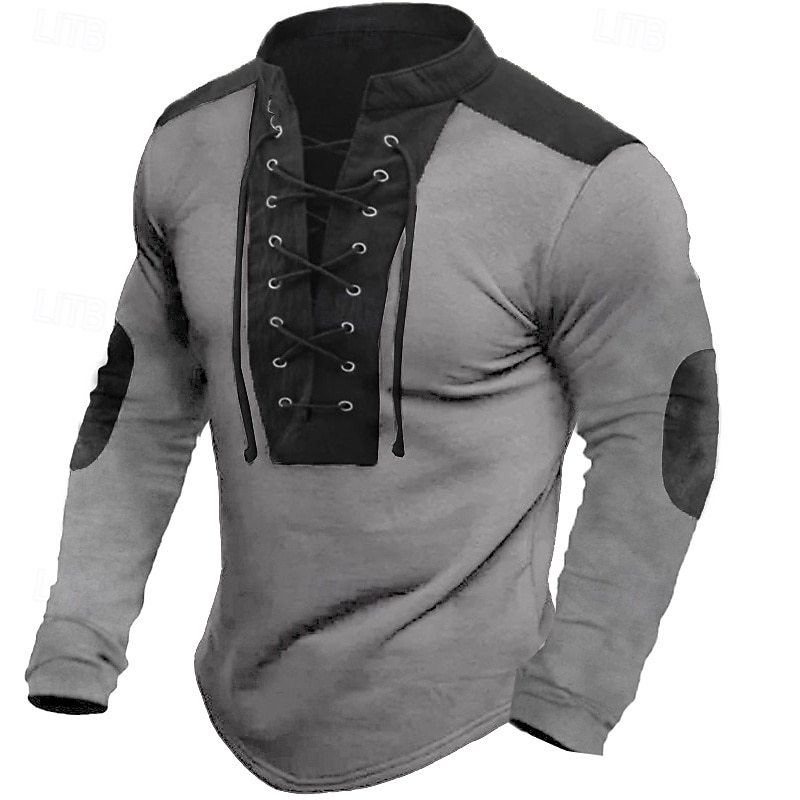 Herren T-Shirt aus Baumwollleinen Langarm Stehkragen Henley Sommer Frühling Herbst Einfach Basic Rustikal Modern Patchwork Kordelzug Knöpfe Heim Straße Lässig Schwarz Grau Grün Top T-Shirt für Herren 2025 - $23.99 –P5