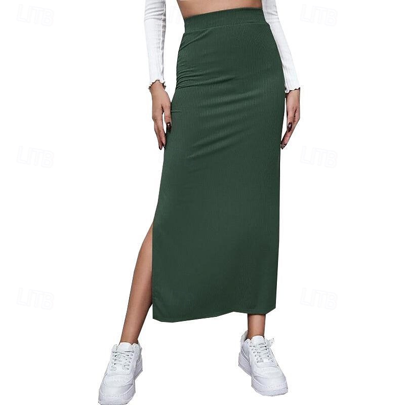 Dames Rok Casual Maxi Medium taille Rokken Effen Gespleten punten Micro-elastisch Vakantie Straat Zwart Rood Licht Bruin Bruin Zomer Polyester 2025 - $17.99 –P13