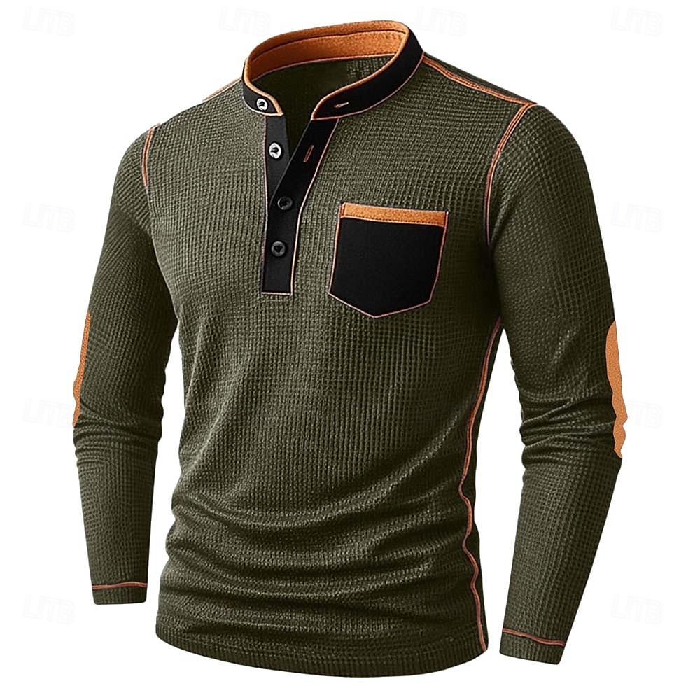 Men's Waffle Henley Shirt Tee Long Sleeve Solid Color Plain Fashion Designer Casual Color Block Buttons Henley Outdoor Casual Daily Summer Fall Winter Black Navy Blue khaki Henley T-Shirt 2025 - $22.99 –P5