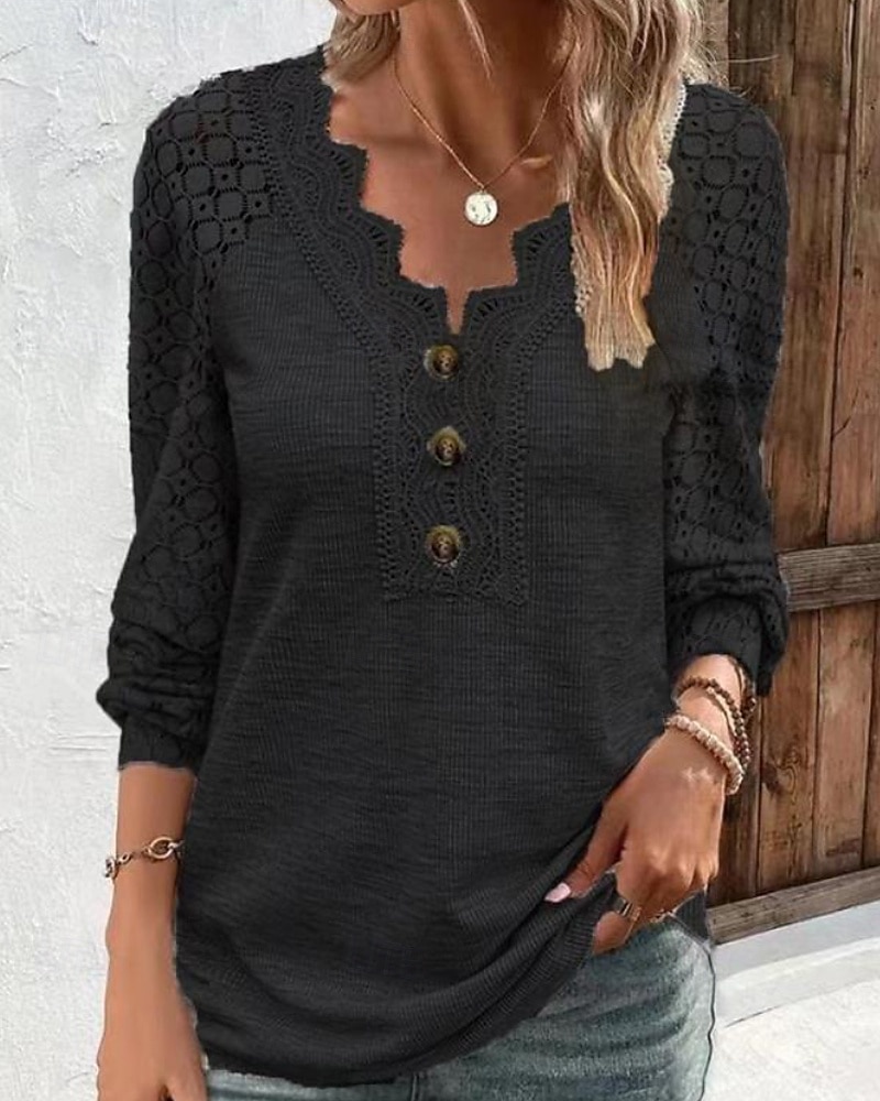 Femmes T-shirt Uni Occasionnel manche longue Col en V Hauts Réguliers Quotidien Sortir Week-end Boutons Noir Blanche Gris Automne de 2025 ? $21.99 –P3