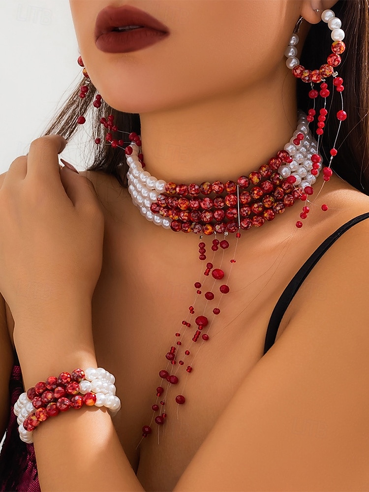 Conjunto de joyas de Halloween con gotas de sangre para mujer: gargantilla, pulsera y pendientes de perlas y cuentas rojas para fiestas de disfraces y eventos espeluznantes. 2025 - $18.99 –P1