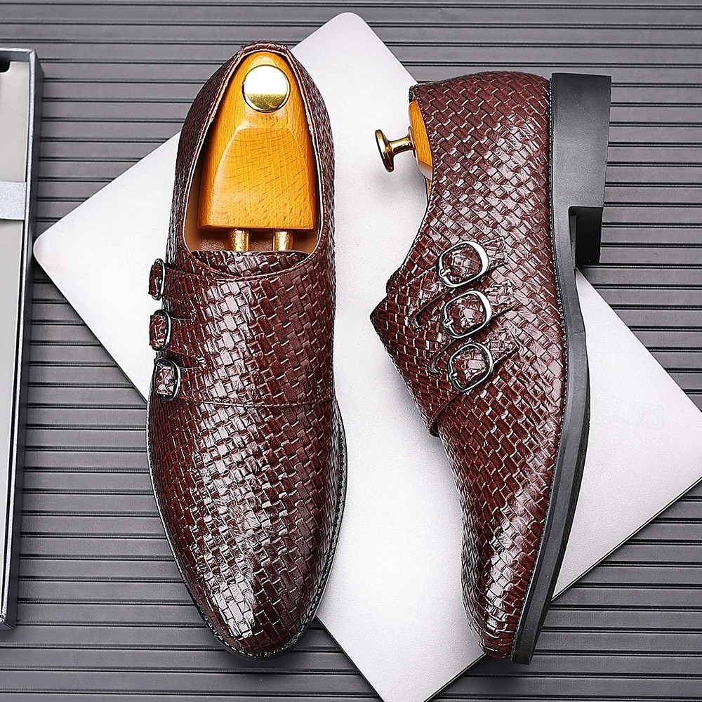 scarpe da uomo con triplo cinturino in similpelle intrecciata e testurizzata – design con fibbia unica per uomini alla moda, banchetti e ricevimenti serali del 2025 a $32.99 –P12