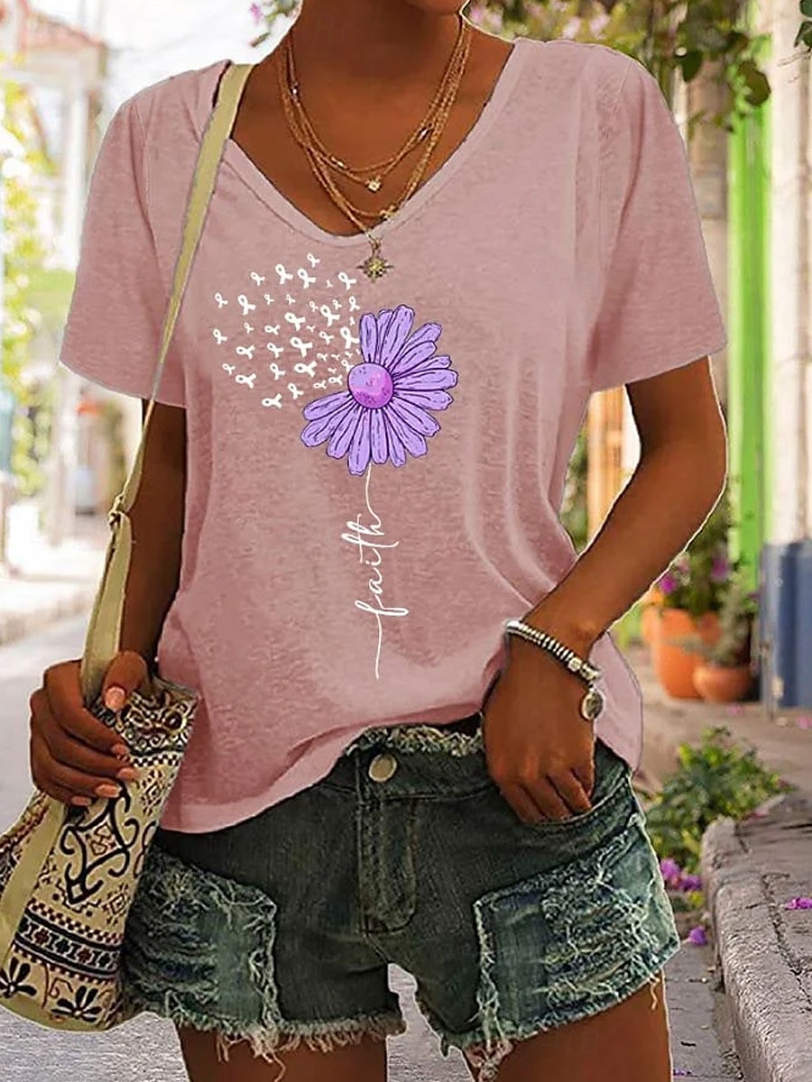 Femmes T-shirt Fleuri Graphique Lettre Bohème ancien Élégant Manche Courte Col en V Hauts Réguliers Quotidien Sortir Week-end Imprimé Noir Blanche Rose Claire Violet Vert Été Printemps de 2025 ? $19.99 –P5