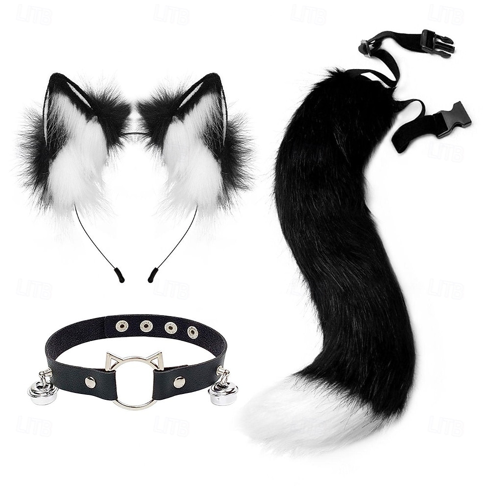 Bandă drăguță cu urechi de pisică, coadă și zgardă cu păr blănos – accesorii pentru cosplay cu animale, costum de fată-pisică pentru Halloween, petrecere și spectacol 2026 - $33.99 –P4