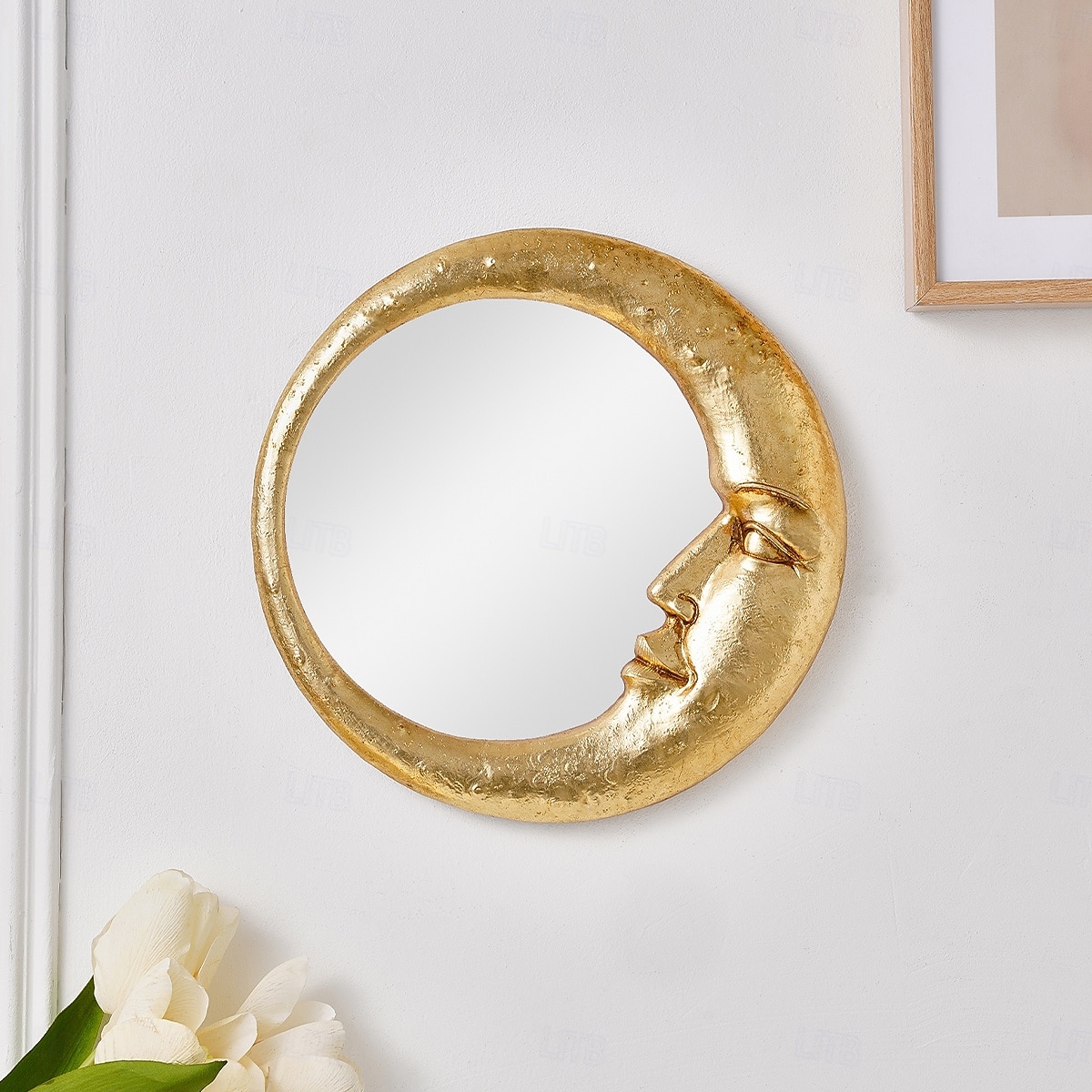 Espejo de pared con cara de luna de resina dorada, espejo colgante artístico redondo para decoración de pared de fondo del hogar, espejo de maquillaje creativo para tocador, decoración de pared y 2025 - $18.99 –P6