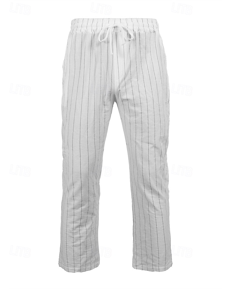 Herr Linne Byxor Långbyxor Sommarbyxor Strandbyxor Ficka Elastisk midja Snörning Randig Komfort Andningsfunktion Semester Dagligen Helgdag Hawaiisk Boho Svart Vit 2026 - E£1454.15 –P7