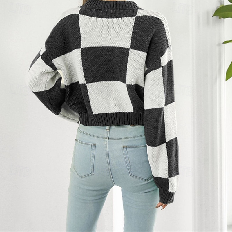 Mulheres Pulôver Casual Bloco de cor Robusto Gola Redonda Tricotado Manga Longa Tops curtos Tricotar Diário Feriado Para Noite Preto Roxo Outono Inverno de 2025 por zł100.99 –P7