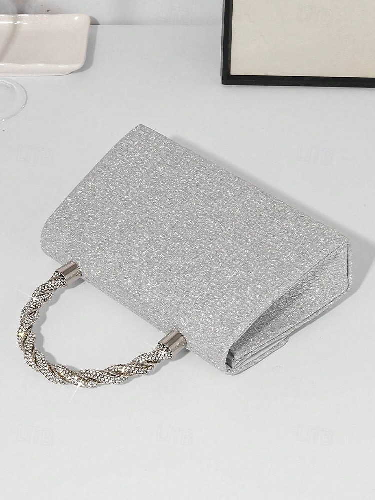 Bolso de mano para mujer con purpurina plateada y asa de diamantes de imitación: elegante bolso de noche para fiestas, bodas y cócteles. 2025 - $24.99 –P6