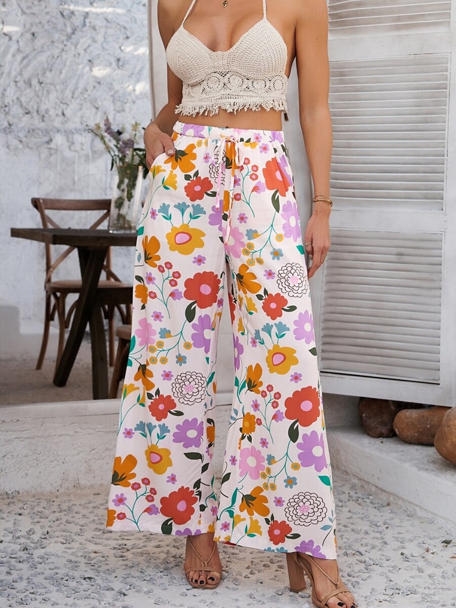 Femmes Jambe large Chinos Vacances ancien Mode Longueur complète Taille haute Fleuri Ceinture Élastique Impression Confortable Doux Micro-Élastique Extérieur Vacances Rue Blanche Jaune Rose Claire de 2025 ? $29.99 –P2