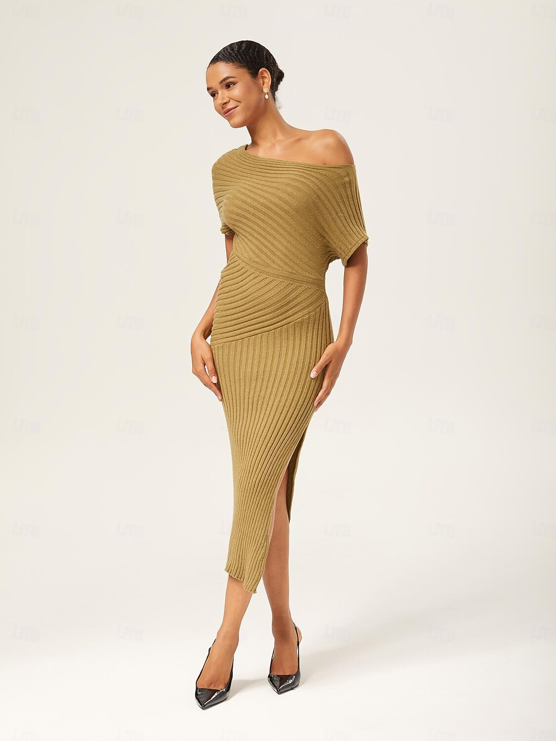 abito lungo aderente monospalla in maglia verde oliva del 2025 a $69.99 –P2