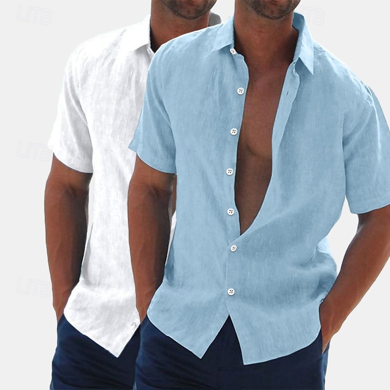 Herren Leinenhemd Sommerhemd Strandbekleidung Knopfhemd Hemden zum Herausstecken Einfarbig Urlaub Kreuzfahrt Grün + grau Weiß + Khaki Khaki + Schwarz Grün+Khaki Kurzarm Umlegekragen Sommer Bekleidung 2025 - $27.99 –P2
