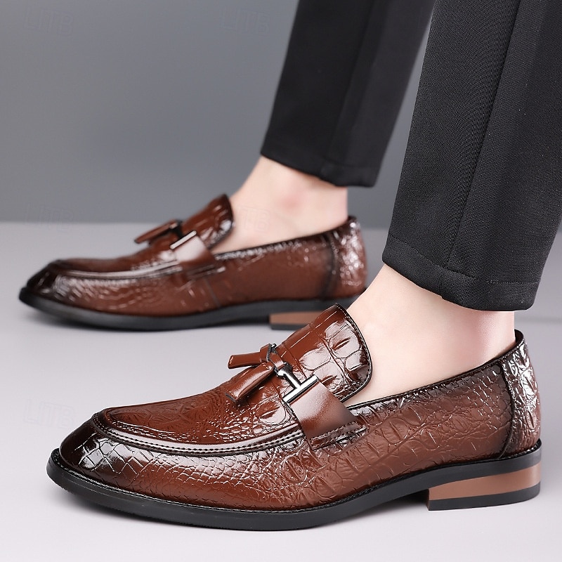 Miesten ruskeat krokotiilikuvioiset keinonahkaiset tupsukoristeiset loaferit – kiiltävät slip-on-pukukengät varttuneemmille herrasmiehille, liikelounaille ja virallisiin tilaisuuksiin 2025 - $46.99 –P5