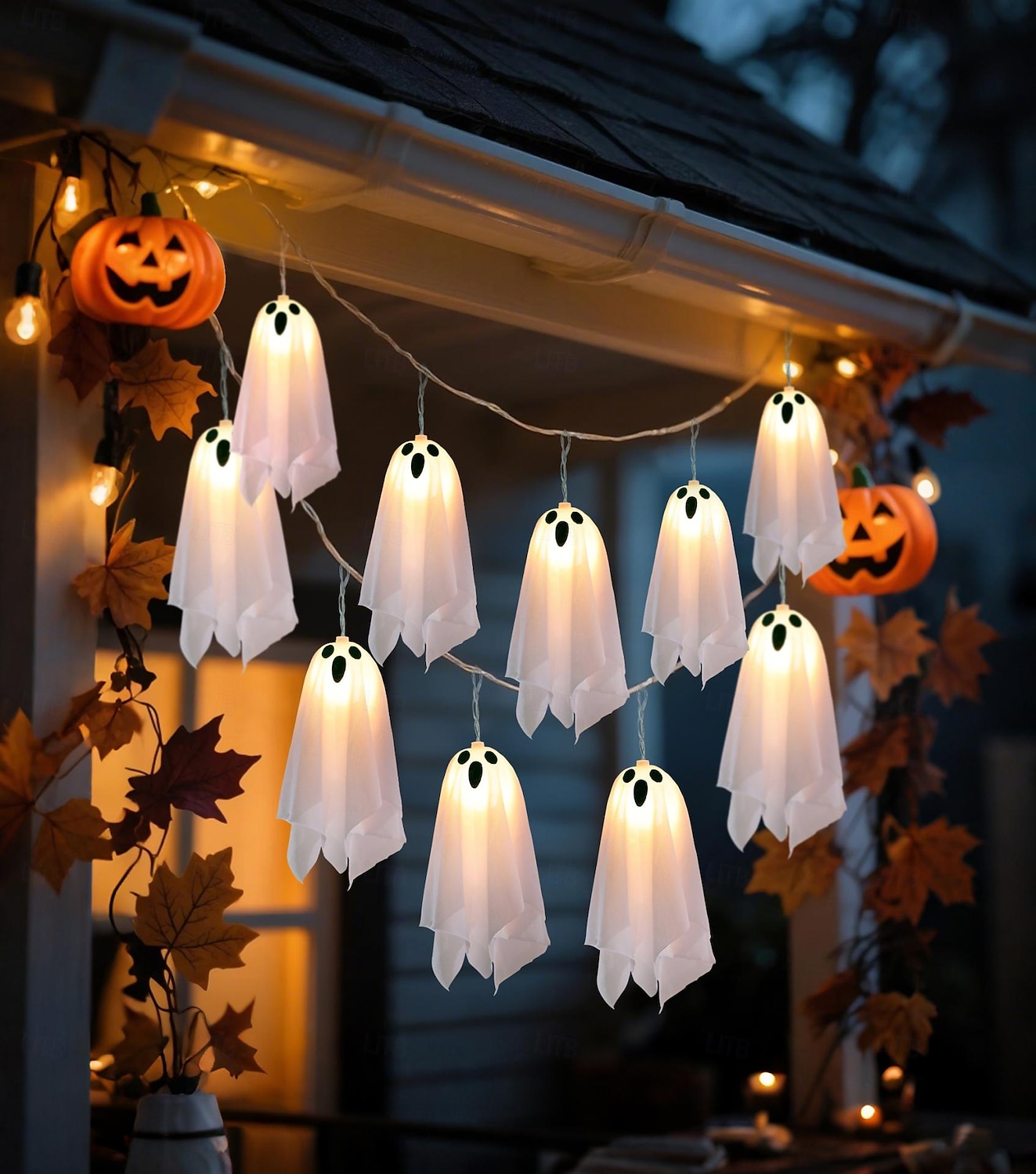 1 Pc Halloween 2.5M 10 luminous hanging ghost ghost light string AAA waterproof battery box 8 function remote control indoor and outdoor courtyard party Halloween atmosphere decoration light 2025 - $20.99 –P4