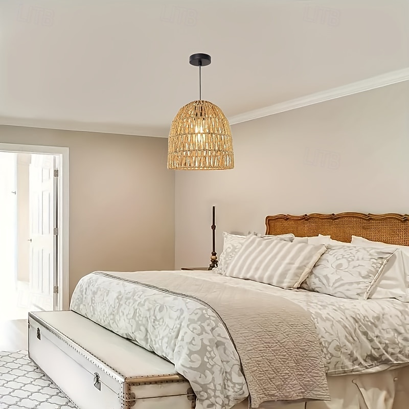 Lampa wisząca w stylu rustykalnym vintage, metalowa pleciona lina, splot bambusowy, wysokość 25 cm, ciepłe białe/białe światło, e26 e27, regulowany łańcuszek 2026 - $69.99 –P4