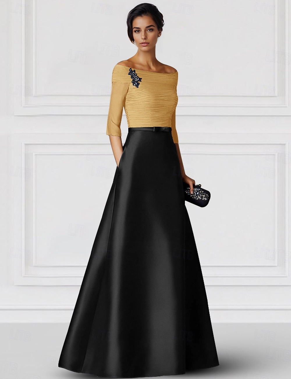 Abito da sera elegante a trapezio in raso con tasche, nero, oro e bianco, formale, da sposa, lungo fino al pavimento, manica a mezza manica, con scollo a V e arricciato, 2025 del 2025 a $139.99 –P1
