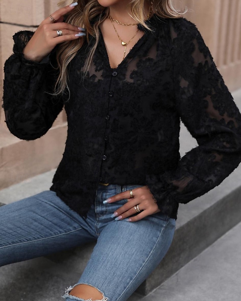 Per donna Camicia Semplice Elegante Moderno Manica Lunga Scollo a V Top Regolari Quotidiano Ferie Rete Nero Primavera Autunno del 2025 a $24.99 –P6