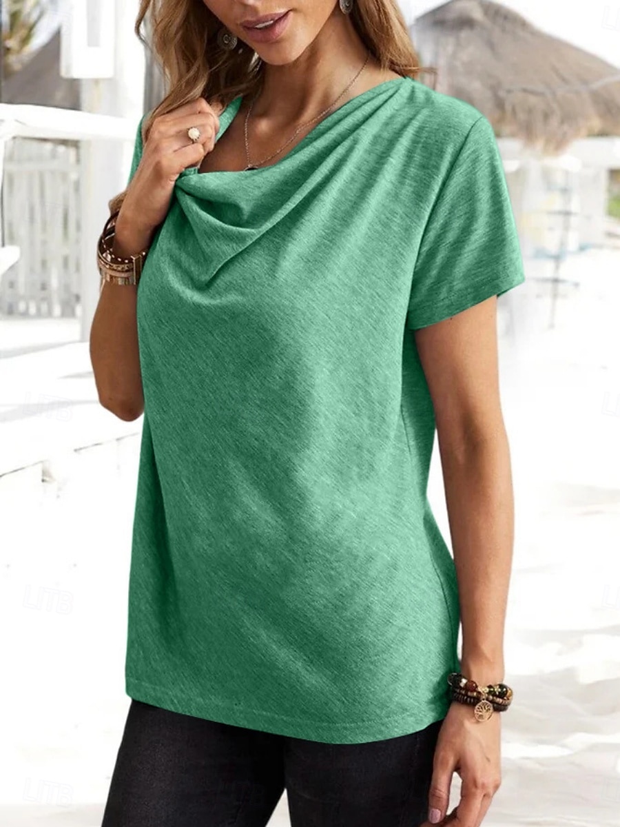 Dame T skjorte عادي Klassisk Moderne Fritid Kortermet Cowl-hals Vanlige topper Daglig Helg Svart Rosa Blå Grønn Grå Sommer Vår 2025 - $16.99 –P20
