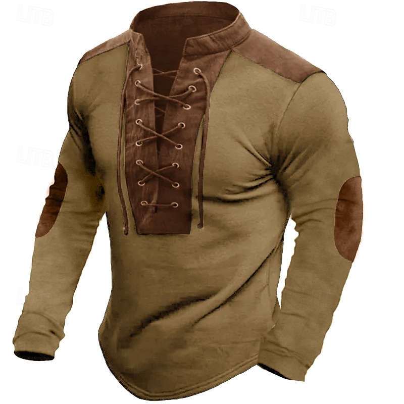 Herren T-Shirt aus Baumwollleinen Langarm Stehkragen Henley Sommer Frühling Herbst Einfach Basic Rustikal Modern Patchwork Kordelzug Knöpfe Heim Straße Lässig Schwarz Grau Grün Top T-Shirt für Herren 2025 - $23.99 –P6