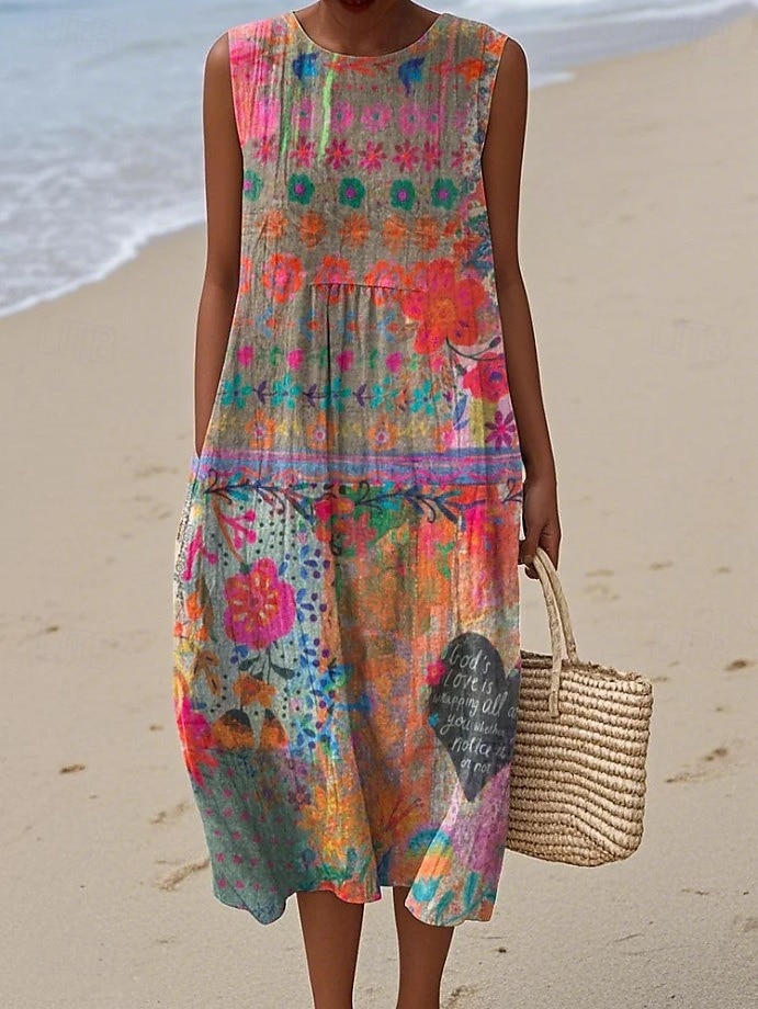 Damen Midi Kleid Leinenähnliches Sommerkleid Shift Kleid A-Linien Kleid Urlaub Freizeit Boho Party Ausgehen Strand Lockerer Schnitt Floral Grafisch Ärmellos Rundhalsausschnitt Hellgelb Tiefgrün Grau 2026 - $39.99 –P2