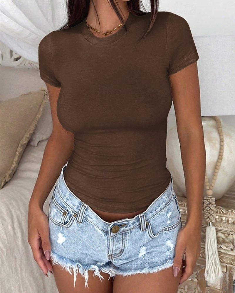 Damen T Shirt Einfach Mode Modern Kurzarm Rundhalsausschnitt Normale Oberteile Täglich Schwarz Leicht Braun Grau Sommer 2025 - $16.99 –P9