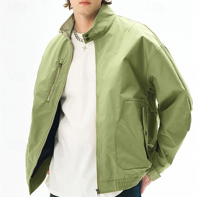 Men's Lightweight Jacket Cargo Jacket Casual Jacket Vacation Daily Windproof Windbreaker Pocket Fall Winter Plain Fashion Classic Stand Collar Regular Black White Purple Green Jacket 2025 - $51.99 –P14
